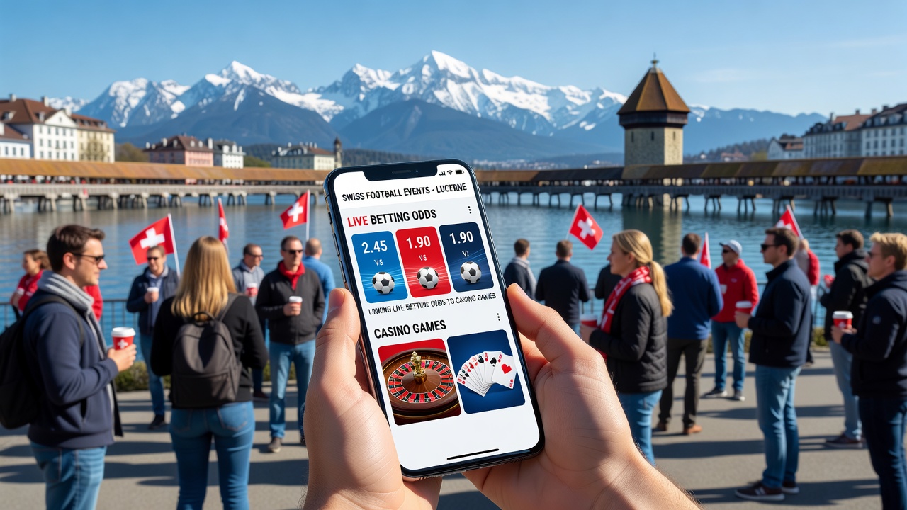 Close-up of a mobile app screen showing live Swiss football odds next to casino game icons and wagering controls